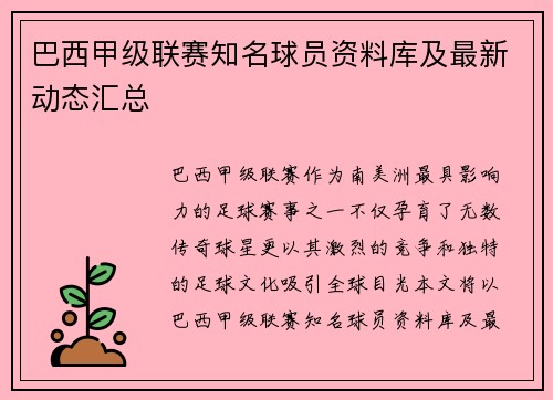 巴西甲级联赛知名球员资料库及最新动态汇总